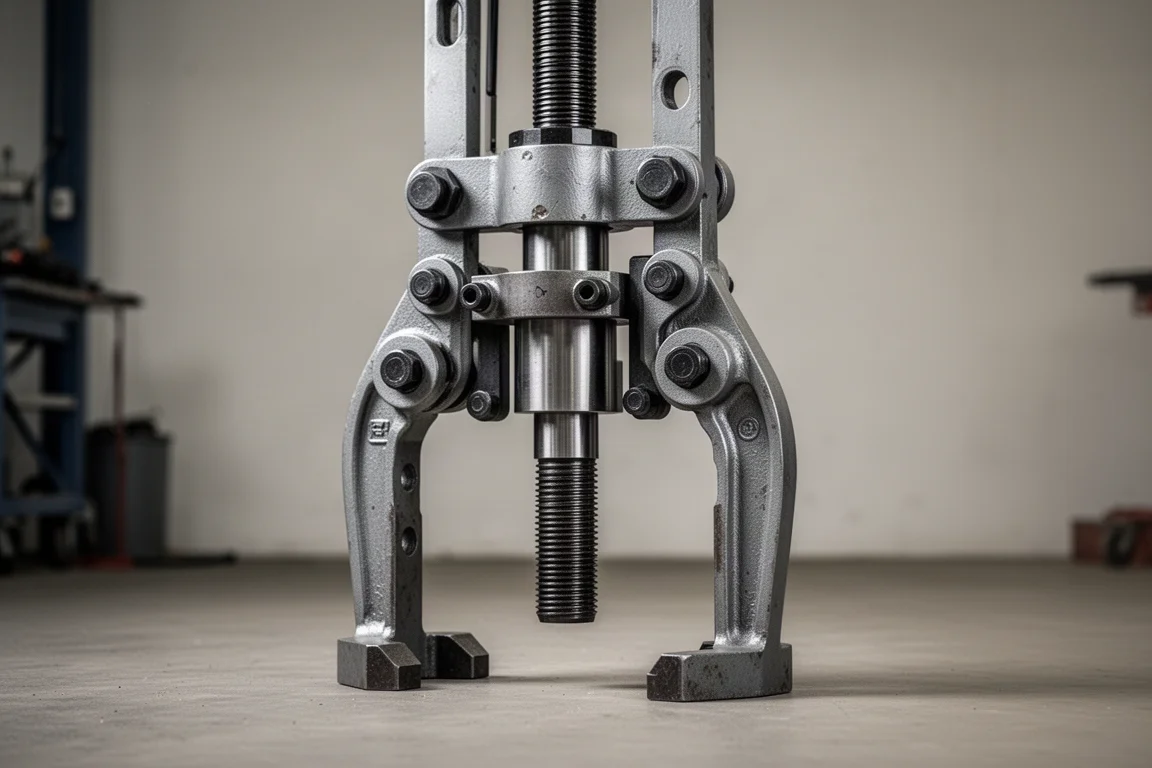 Large hydraulic three-jaw puller standing on a workshop floor