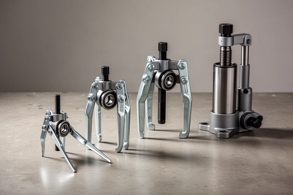 Row of pulley and bearing pullers from small to large on a concrete surface