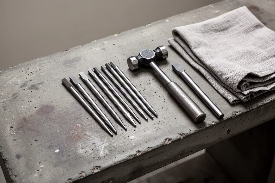 Steel punches laid out in order on a workbench with a hammer nearby
