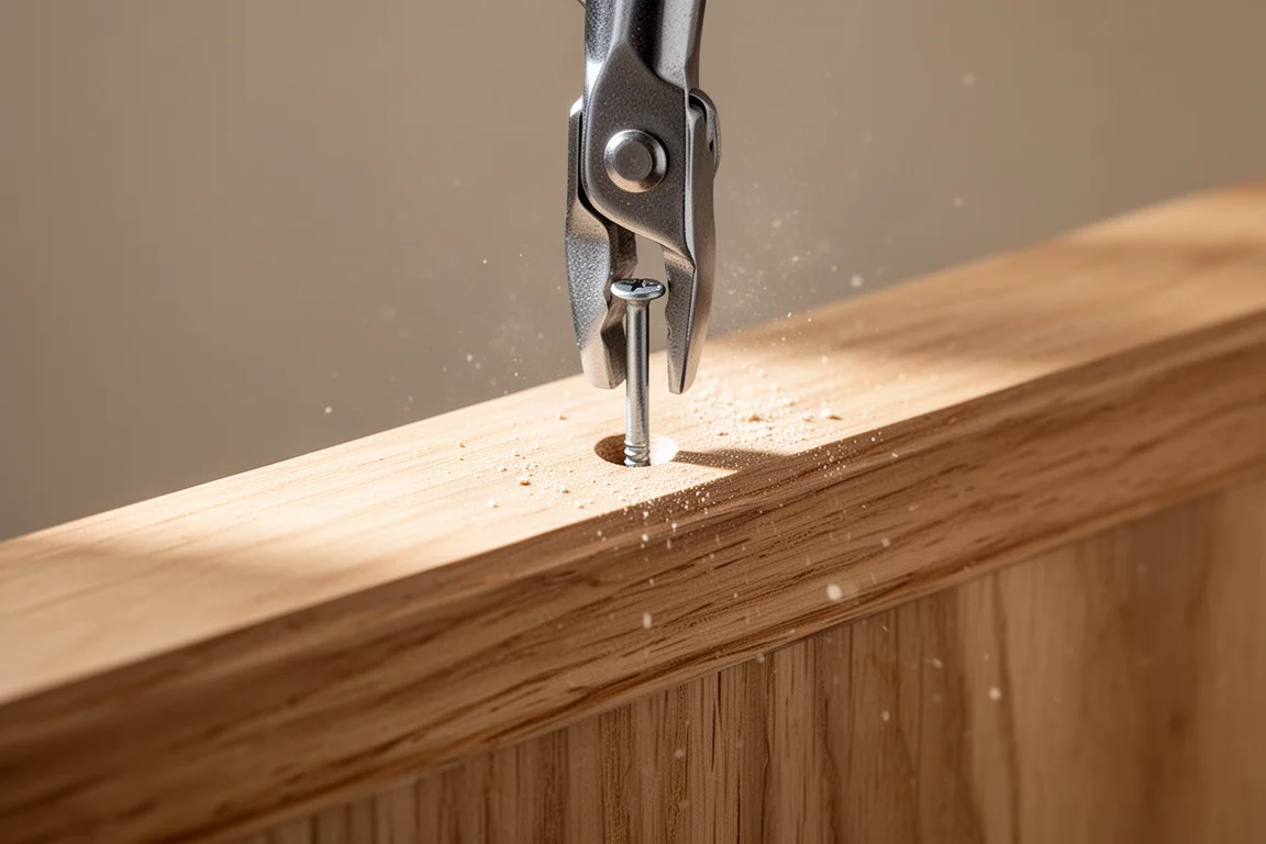 A finishing nail punch countersinking a nail in a wood trim board