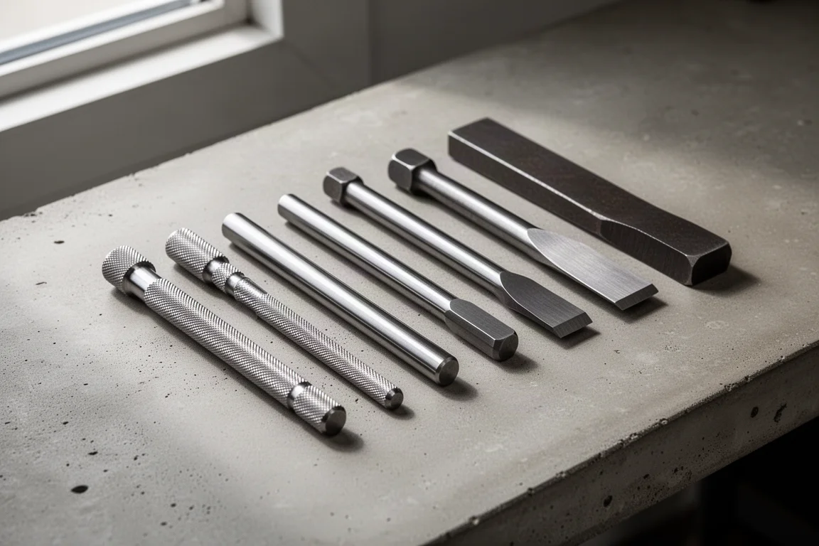 Assorted steel punches and chisels arranged in a row on a concrete workbench