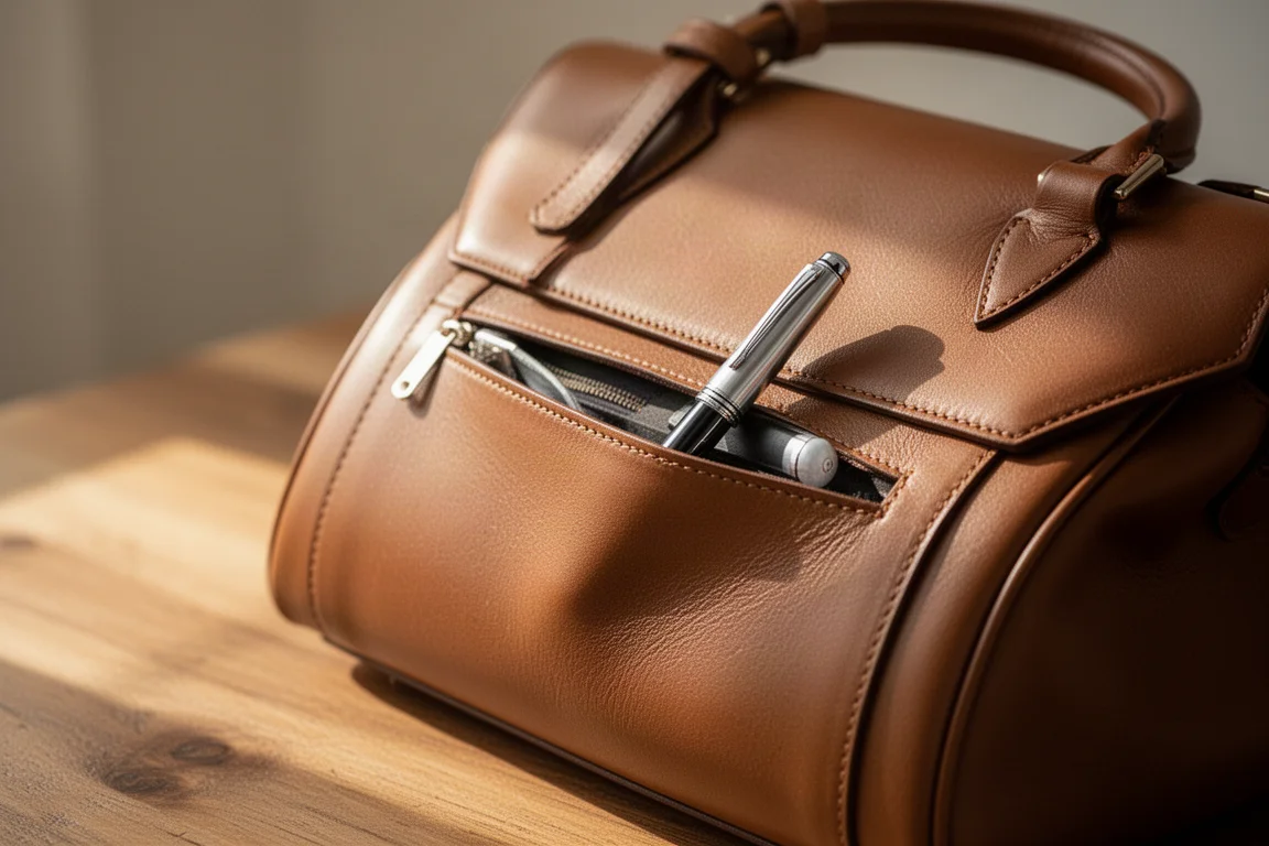 Un stylo plume glissant dans la poche latérale d'un sac à main en cuir
