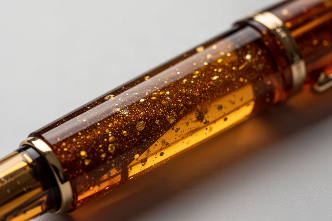 Gros plan sur une résine ambrée scintillante montrant l'éclat et la profondeur