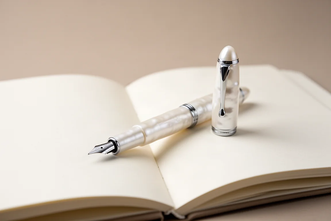 Petit stylo de poche nacré bouchonné et prêt à écrire à côté d'un carnet