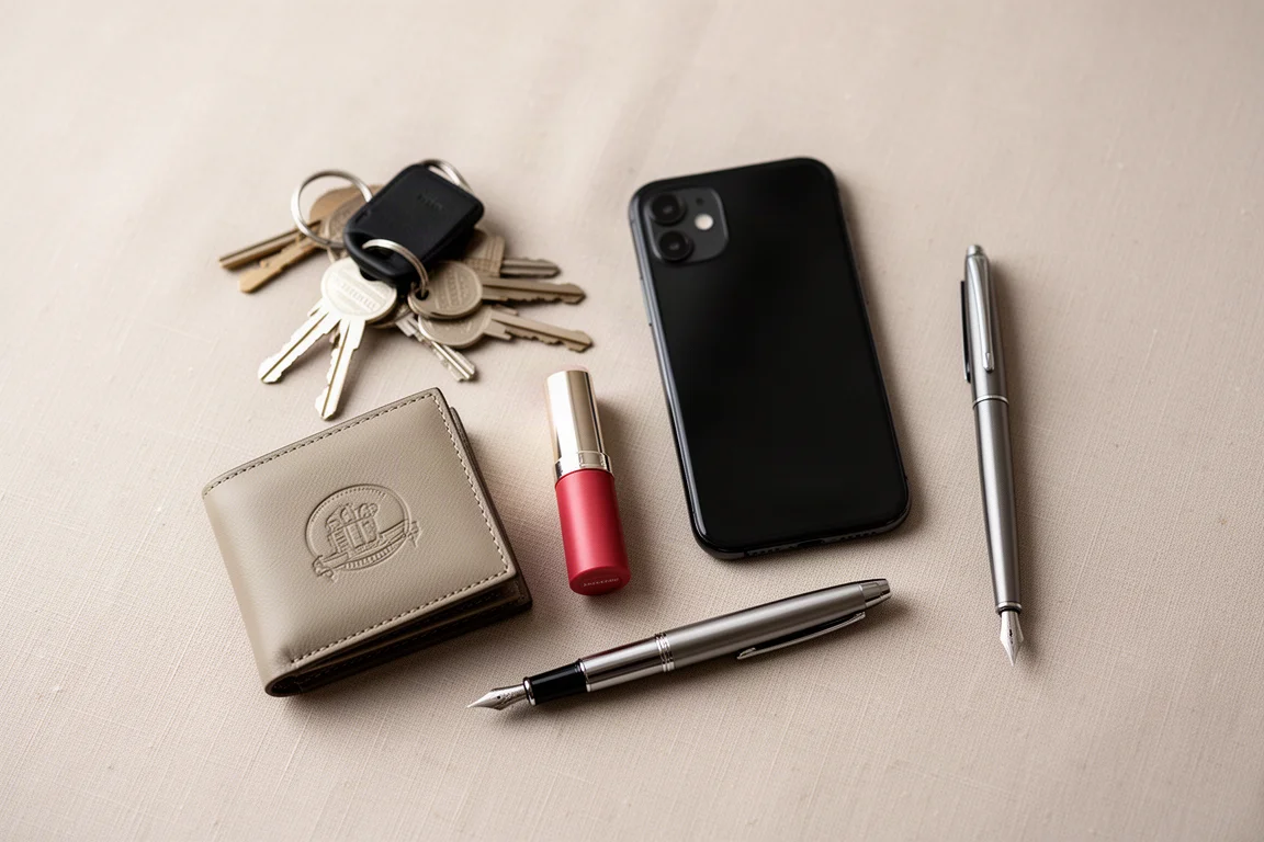 Contenu d'un sac à main disposé à plat avec des clés, un rouge à lèvres et un stylo plume fin