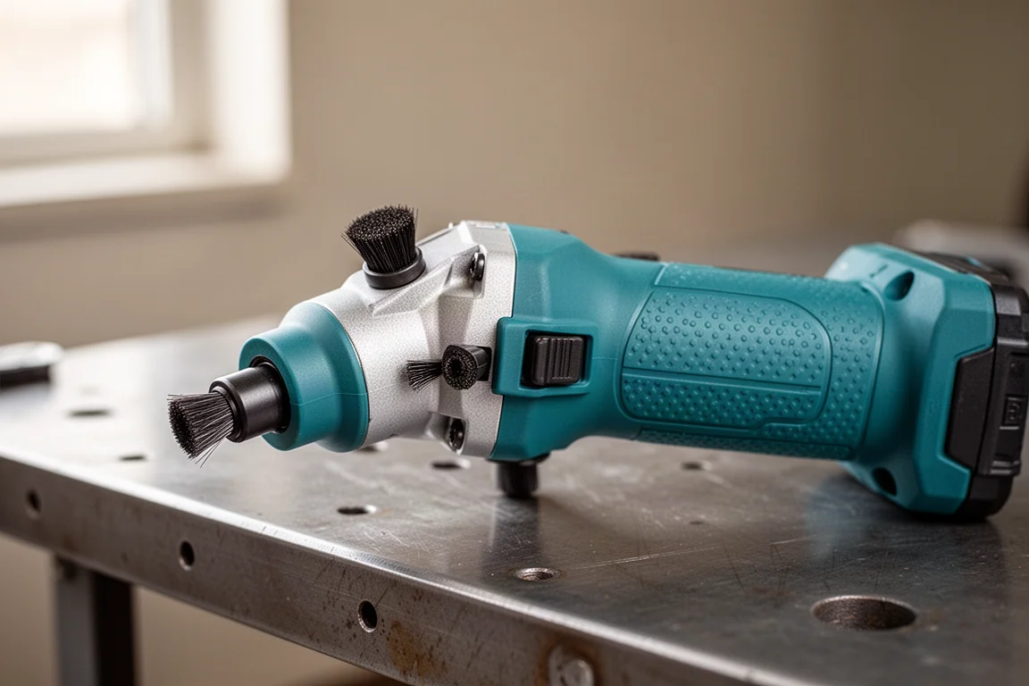 Smerigliatrice a incide cordless verde-acqua con sportelli di accesso alle spazzole sul corpo