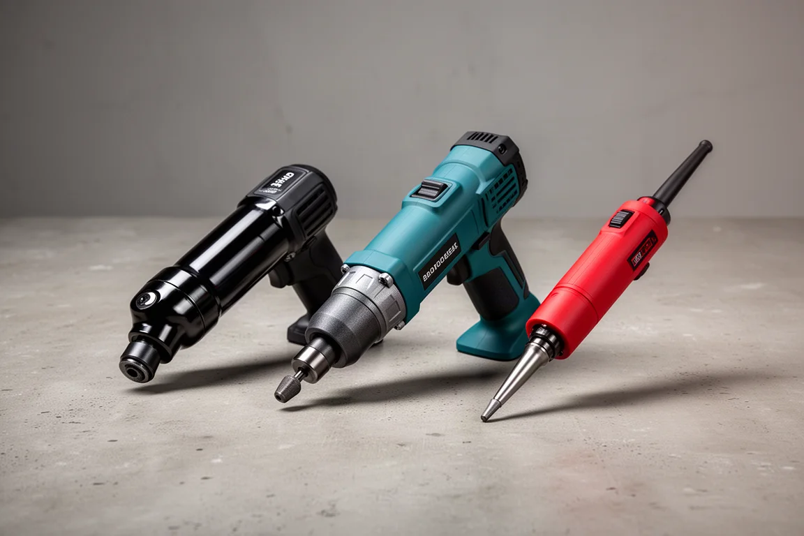Tre smerigliatrici a incide cordless compatte allineate su una superficie in cemento
