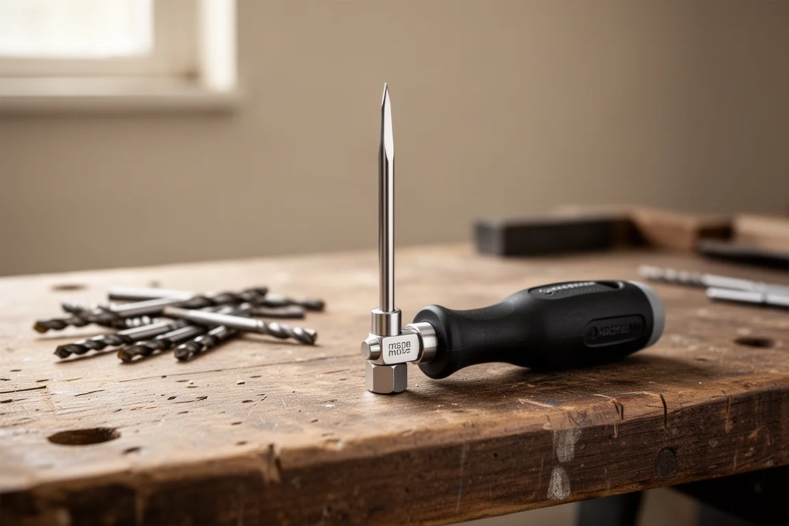 Gepolijste stalen prijl in een compact hex-bit-handvat op een werkbank