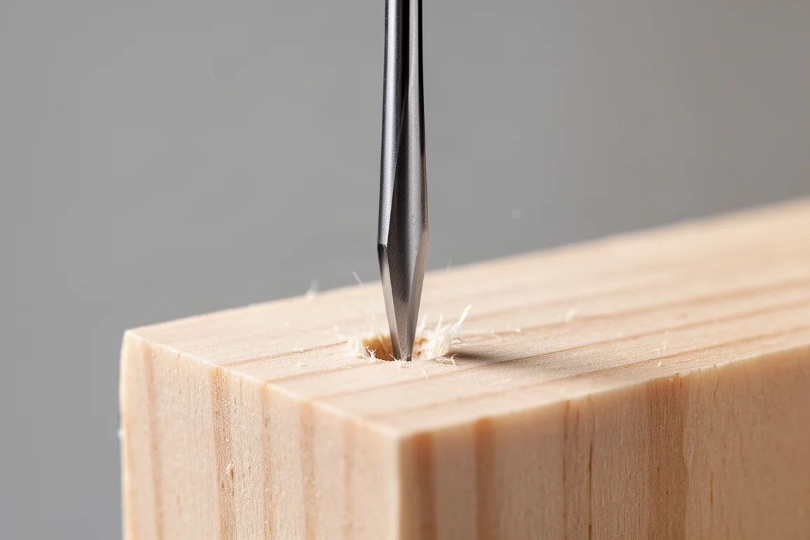 Prijlpunt drukt een gat voor in een blok zacht hout