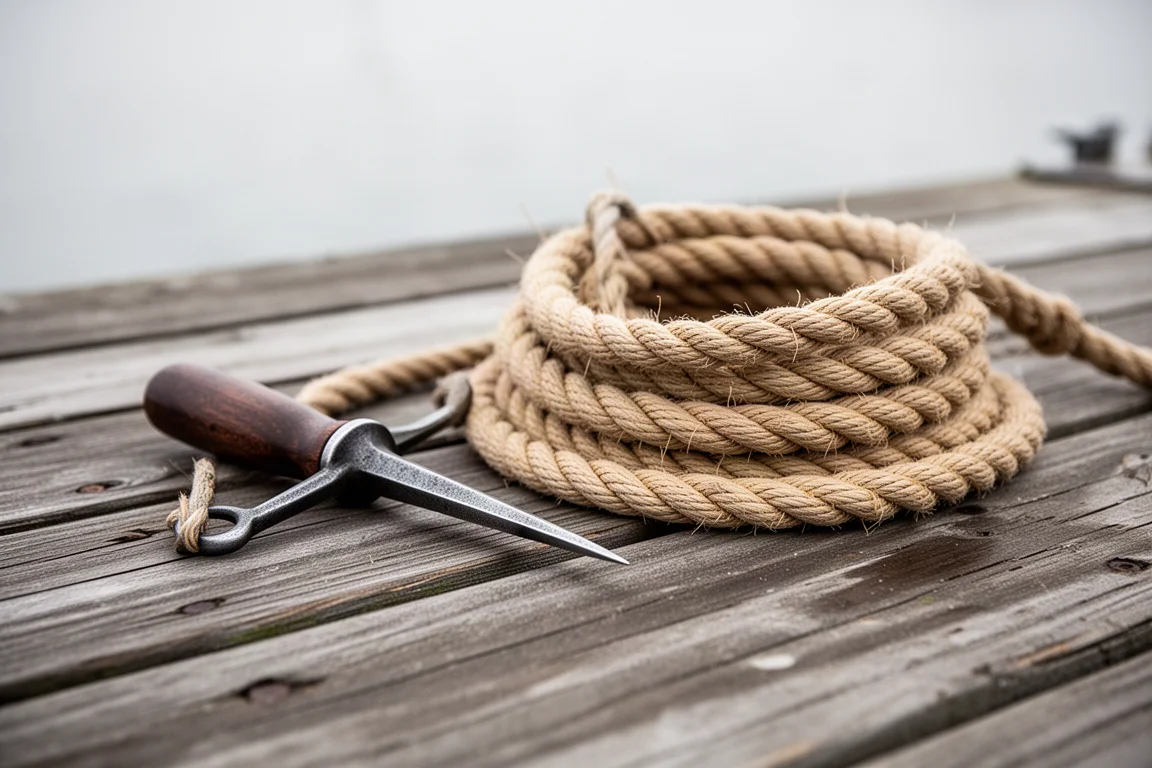 Marlinspike met donker metalen handvat naast een opgerolde touw op een kade