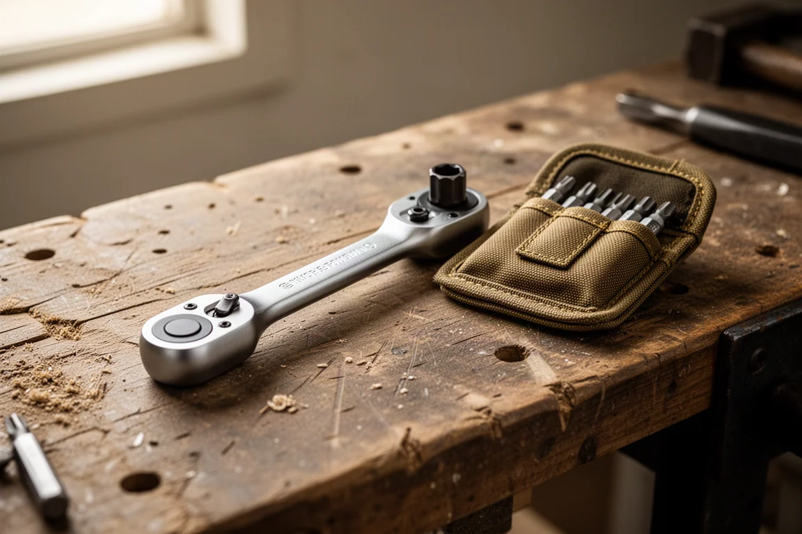 Compact palm ratchet with short hex bits laid out on a workbench