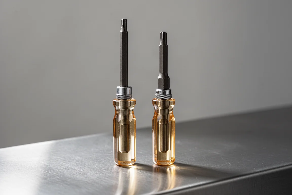 Two locking hex bit drivers of different lengths standing side by side