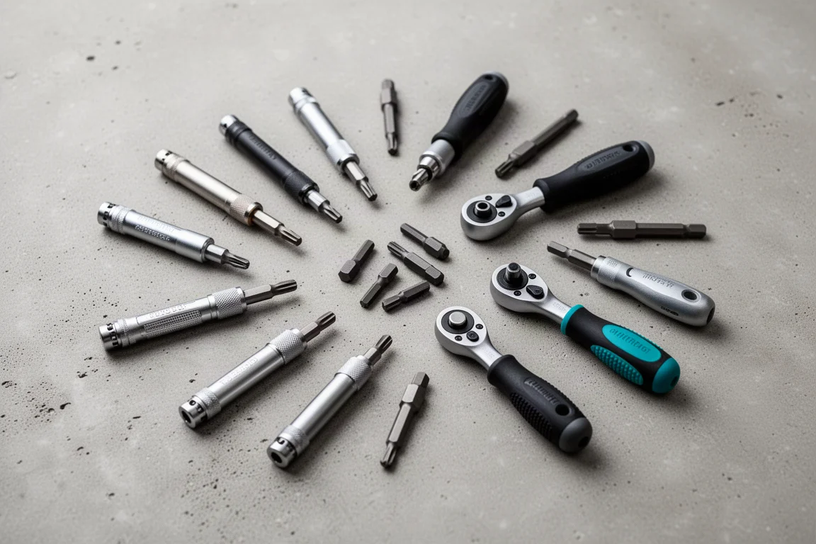 Mixed tool collection of bit drivers arranged on a concrete surface