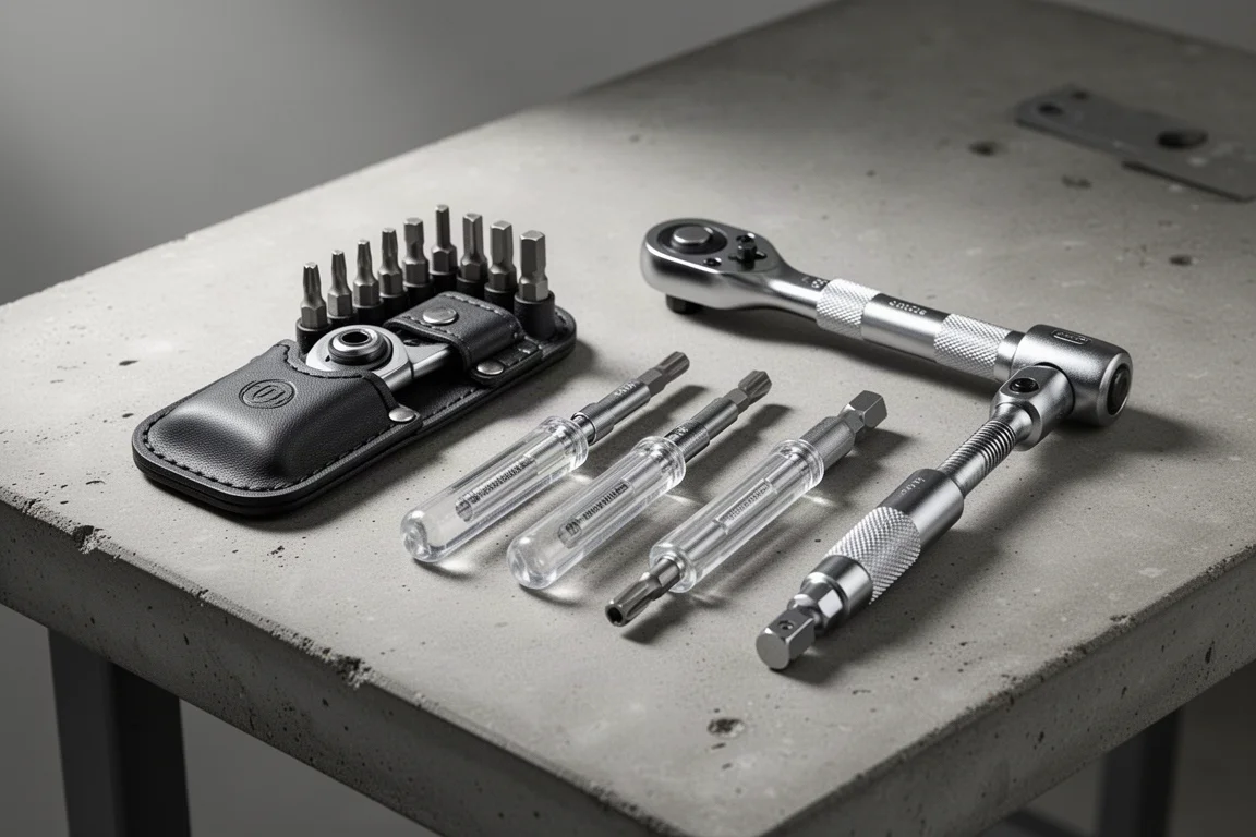 Collection of compact hex bit drivers and mini ratchets on a workbench
