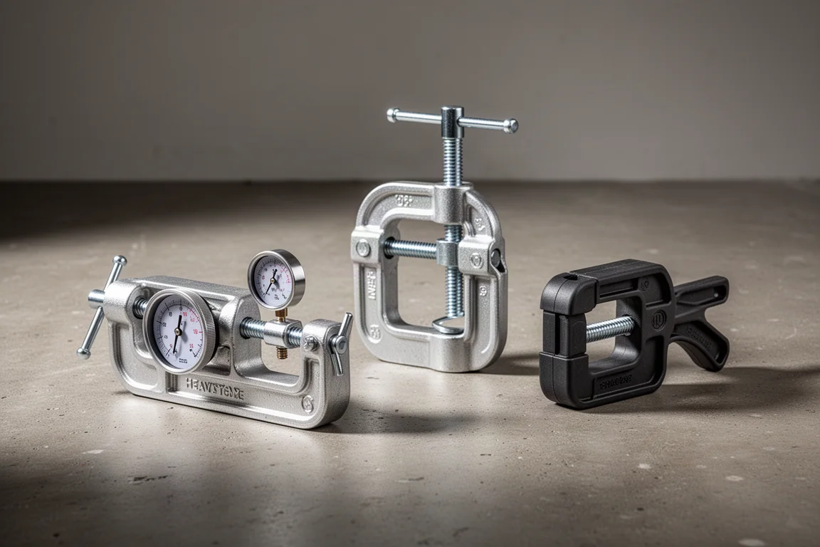 Three quick clamps of different grades arranged on a concrete workshop floor