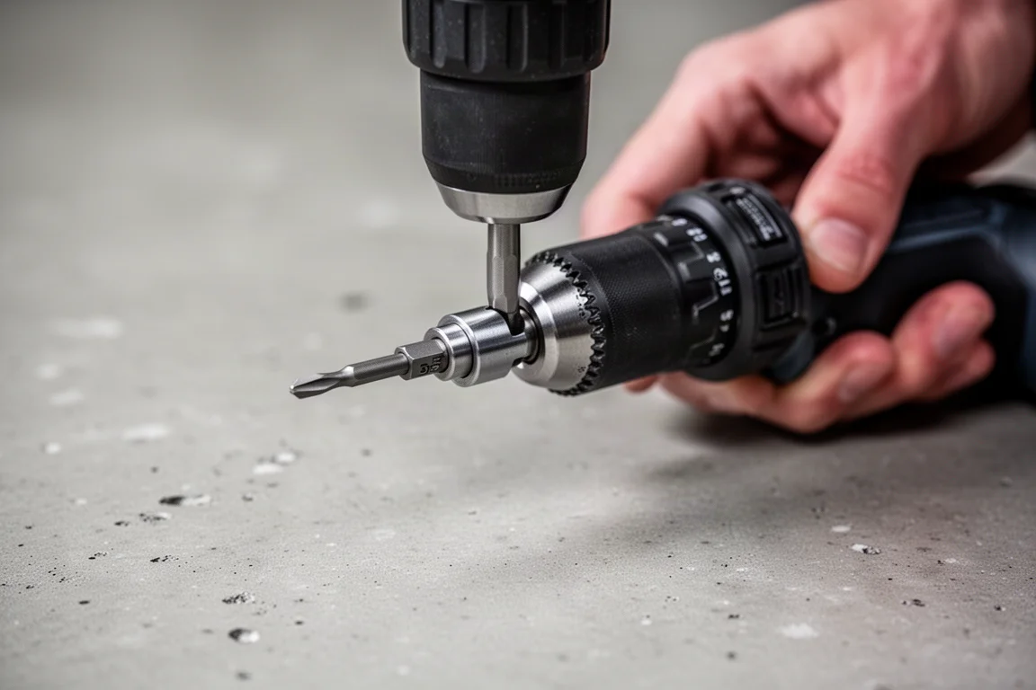 Drill bit holder with screwdriver bit clipped securely in the chuck
