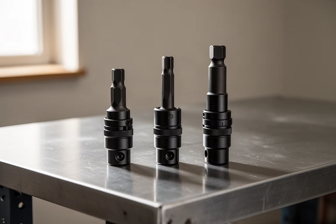 Set of unbranded quick-release bit holders of three different lengths on a workbench
