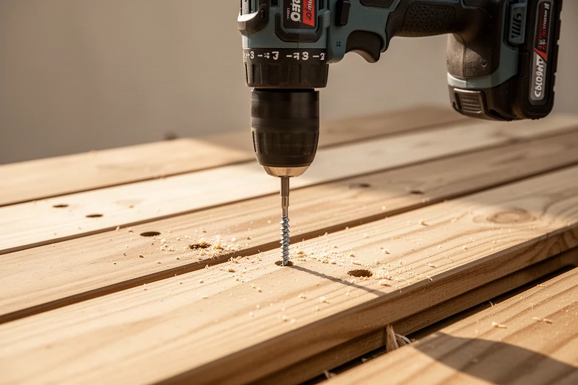 Cordless drill driving screws into decking boards outdoors