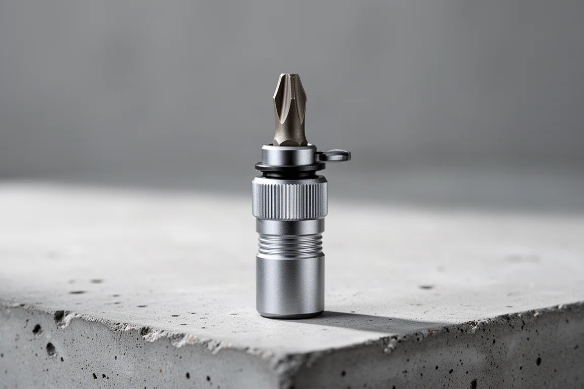 Close-up of a slim bit holder with a screwdriver bit locked in place on a workbench