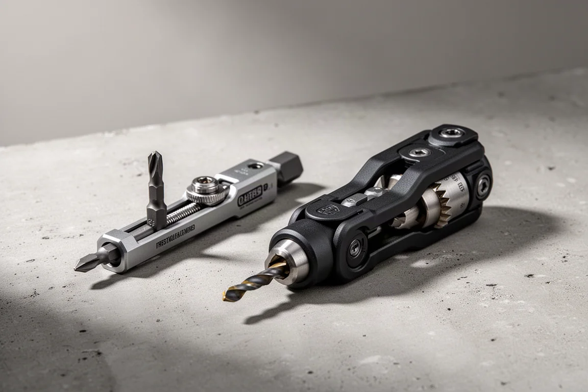 Two quick-release bit holders on a concrete surface, one slim and one chunky flip design