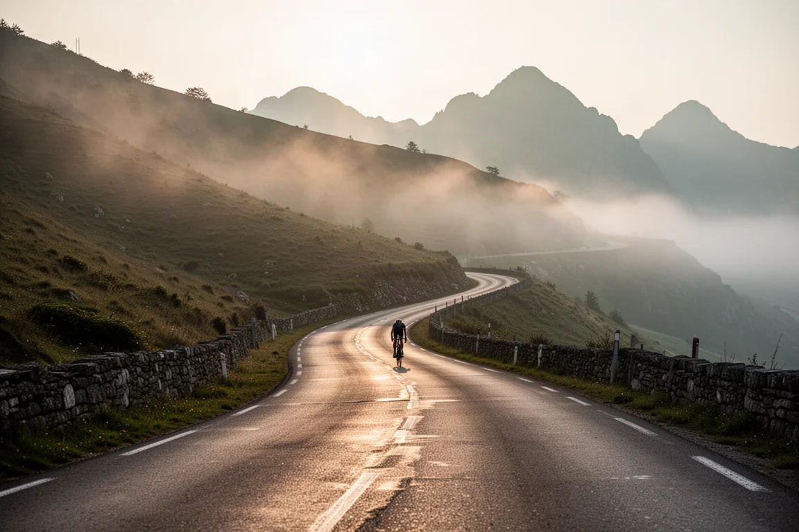 Kurvenreiche Bergstraße im Morgengrauen mit einem in der Ferne kletternden Radfahrer