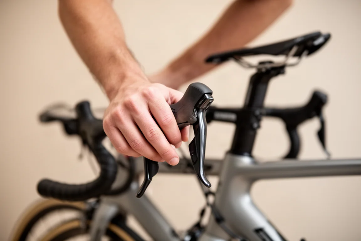 Nahaufnahme von Händen an Rennrad-Bremsgriffen mit steilem Sitzwinkel im Hintergrund
