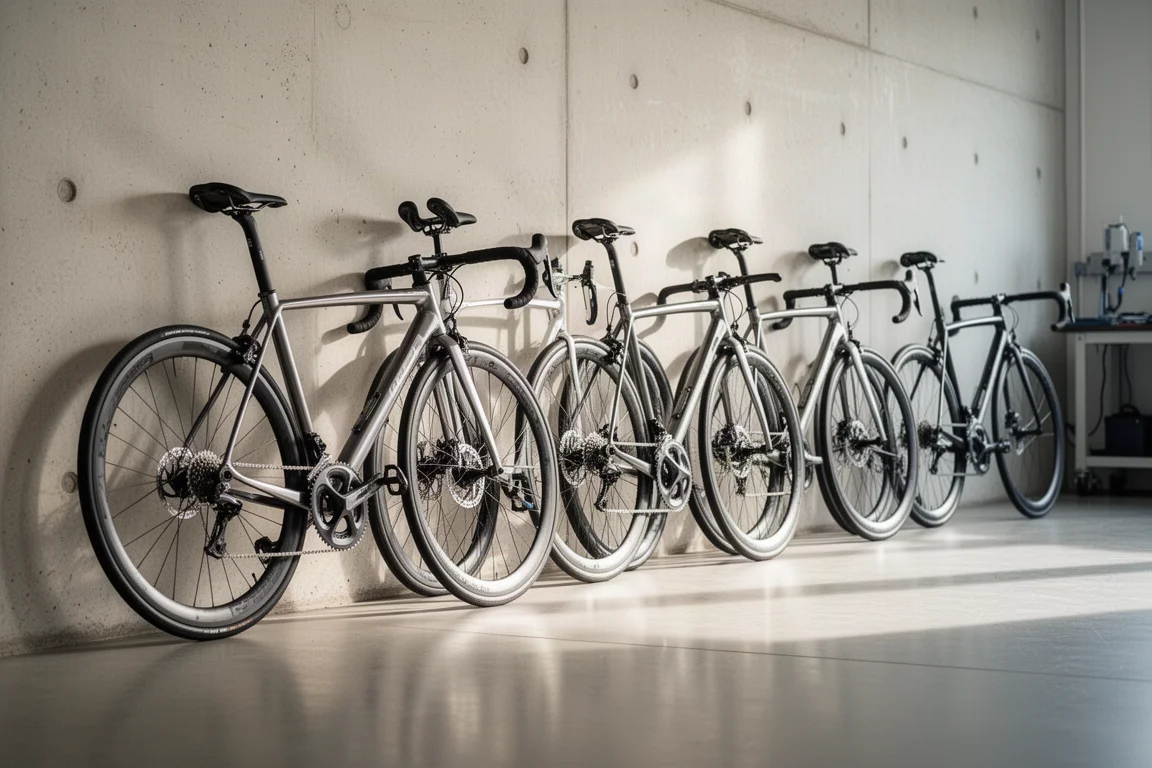 Fila de bicicletas de carreras de carretera apoyadas contra una pared en un taller de pruebas luminoso
