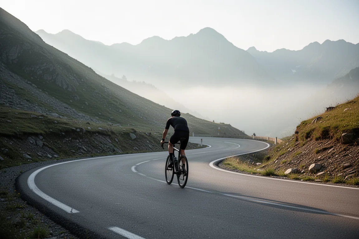 Ciclista subiendo una curva cerrada de montaña empinada con la luz del amanecer