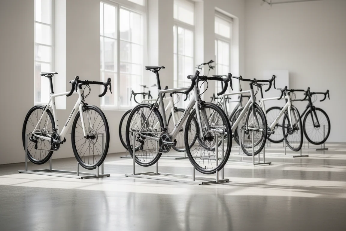 Bicicletas de carreras de carretera en expositores en una sala de exposición luminosa con grandes ventanales