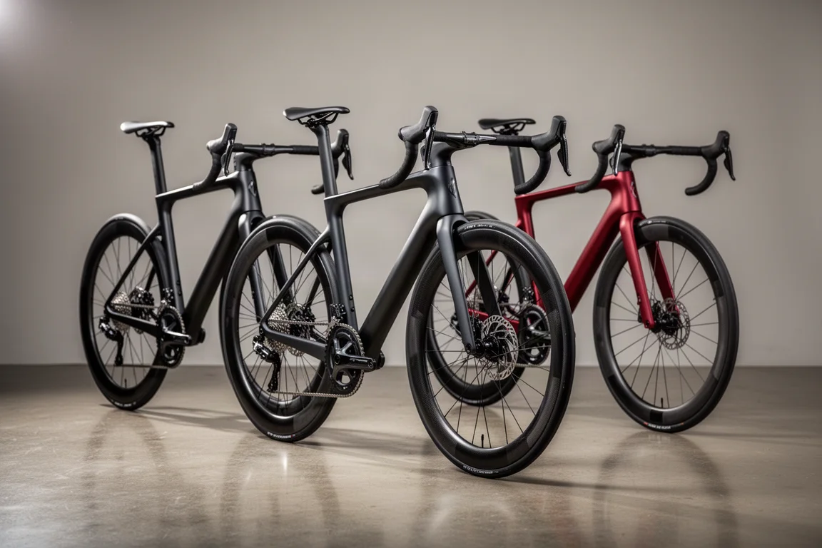 Three road racing bicycles with deep carbon wheels on a neutral studio backdrop