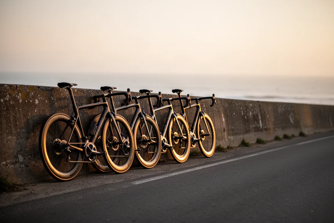Quattro bici da corsa appoggiate a un muro di cemento lungo una strada costiera all'alba