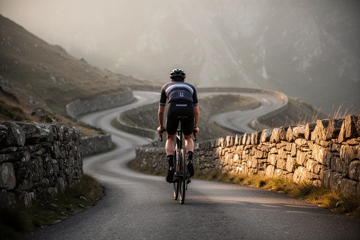 Ciclista che sale fuori sella su una ripida strada di montagna nella luce del primo mattino