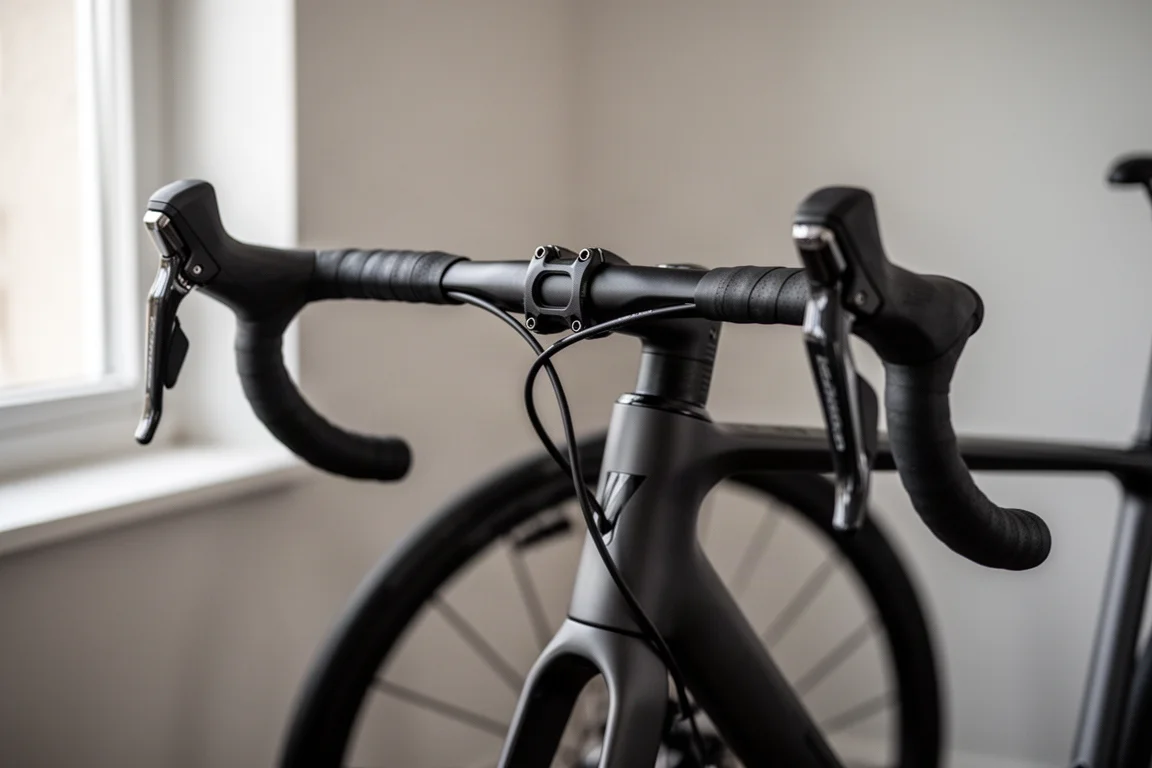 Primo piano del cockpit con manubrio stretto di una bici da corsa sopra una ruota anteriore a profilo alto