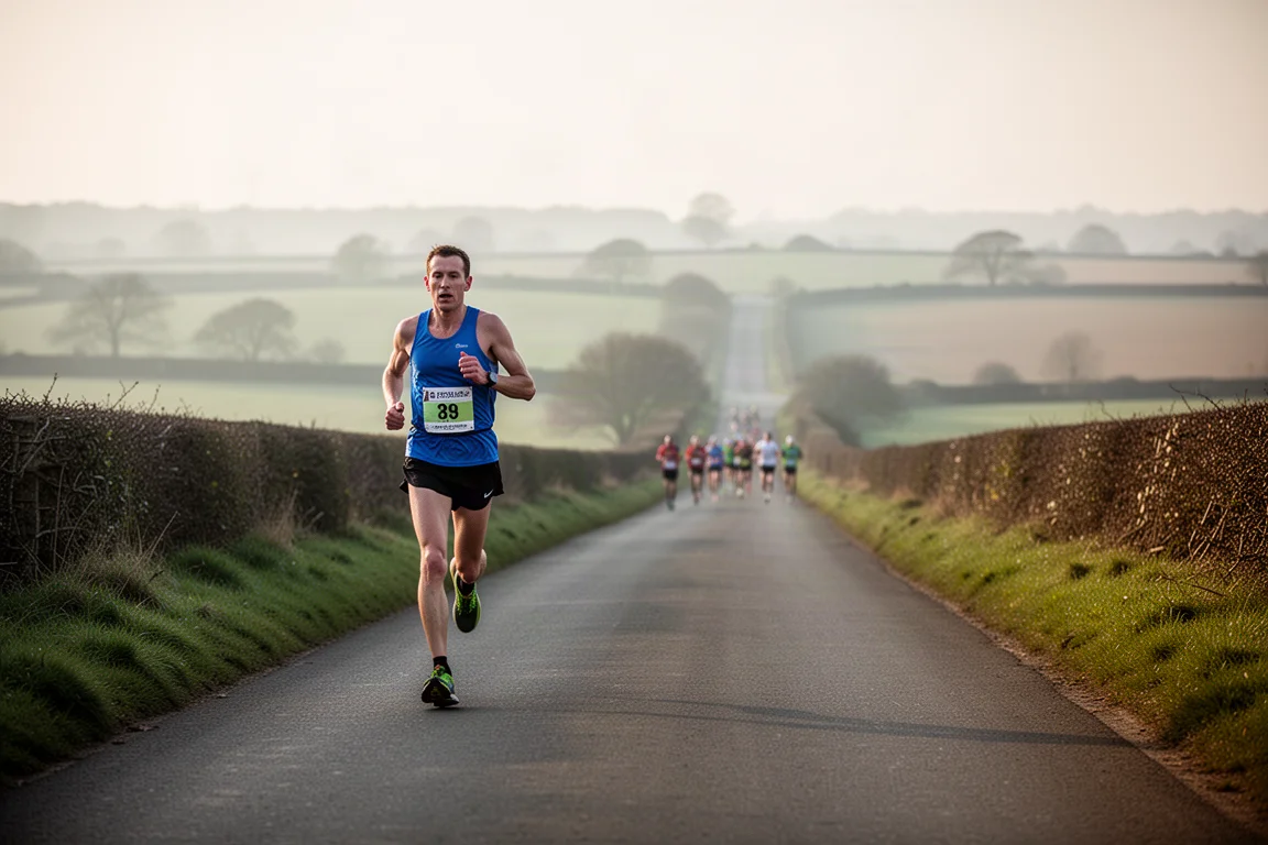 Runner striding along a flat country road during a morning 10K race