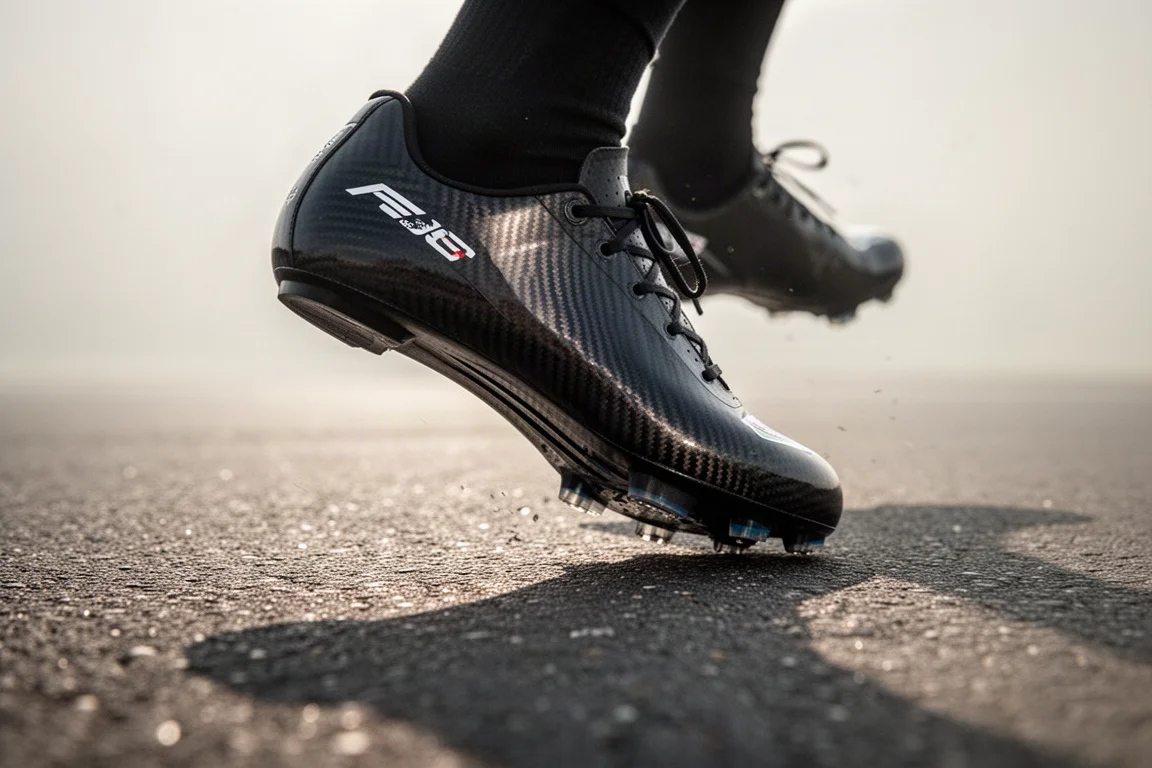Close-up of a racing shoe outsole gripping asphalt on a downhill bend