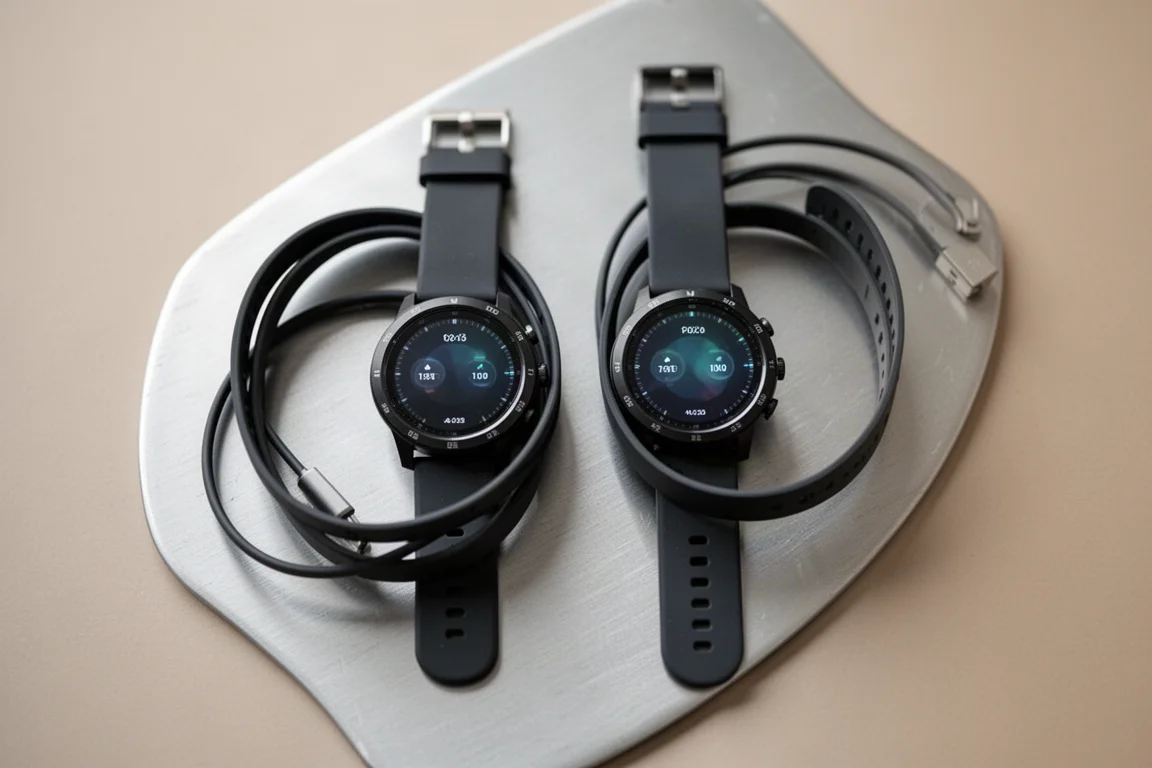 Two sport watches side by side showing nearly identical race data