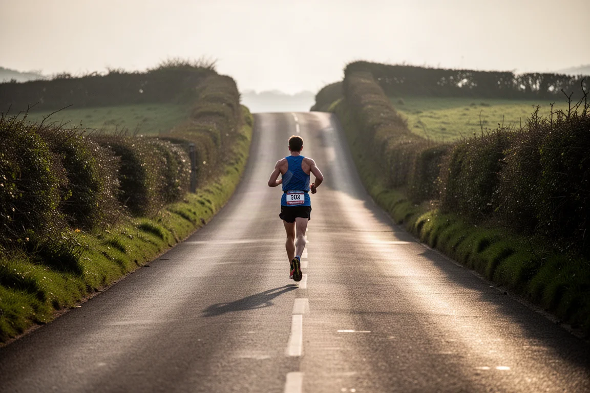 Runner pushing up a gentle uphill in the final kilometres of a race