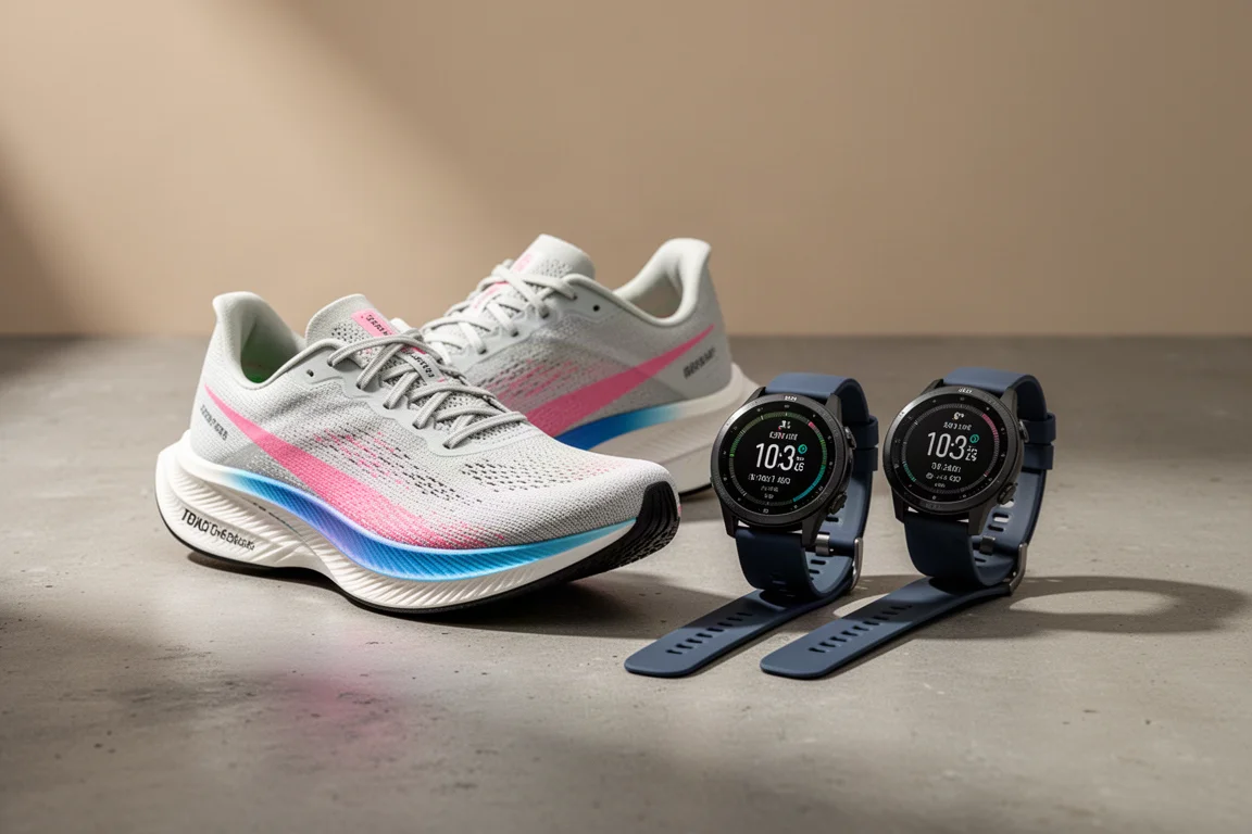 Laufschuh und zwei Sportuhren, arrangiert auf einer Betonoberfläche
