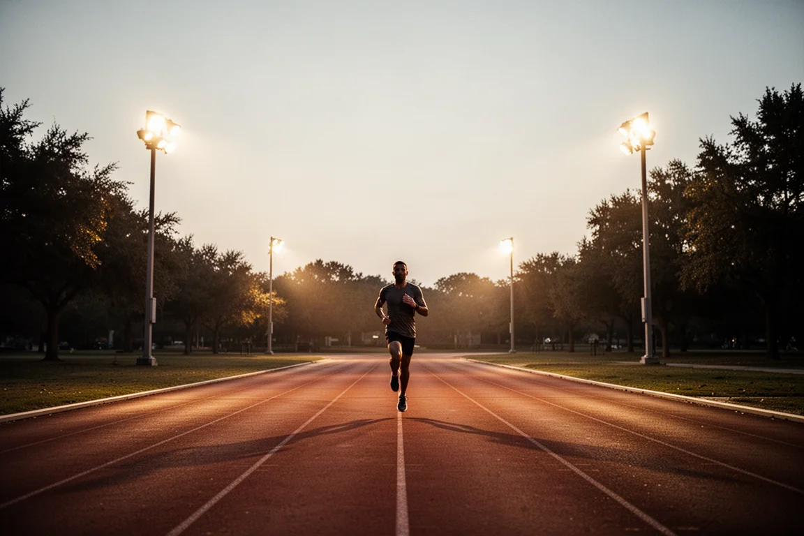 Löpare som värmer upp på en upplyst, platt parkrun-liknande bana på kvällen