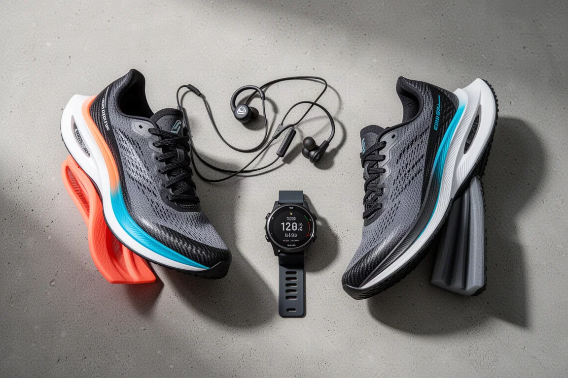 Flat-lay of carbon racing shoes, open-ear earbuds, and a GPS sports watch on grey concrete