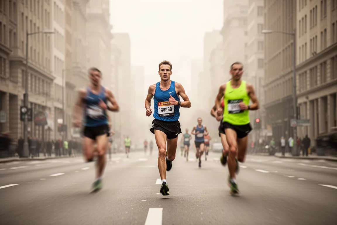 Atletas correndo por uma rua da cidade durante uma maratona, com motion blur no meio da prova