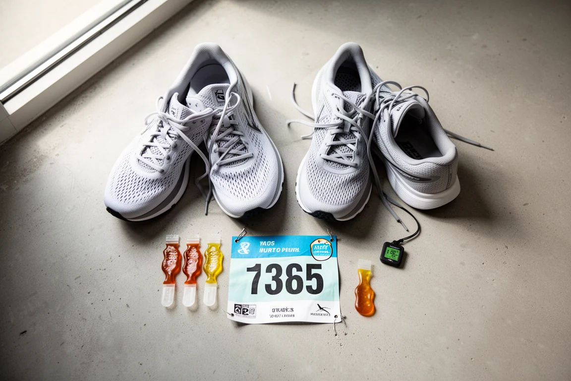 Vista cenital de zapatillas de competición y esenciales para el día de carrera dispuestos sobre una superficie de hormigón