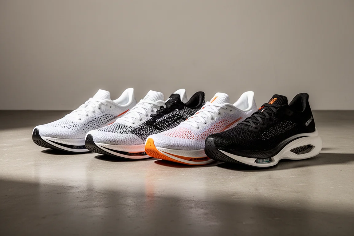 A lineup of five modern racing shoes with tall sculpted midsoles on a concrete floor