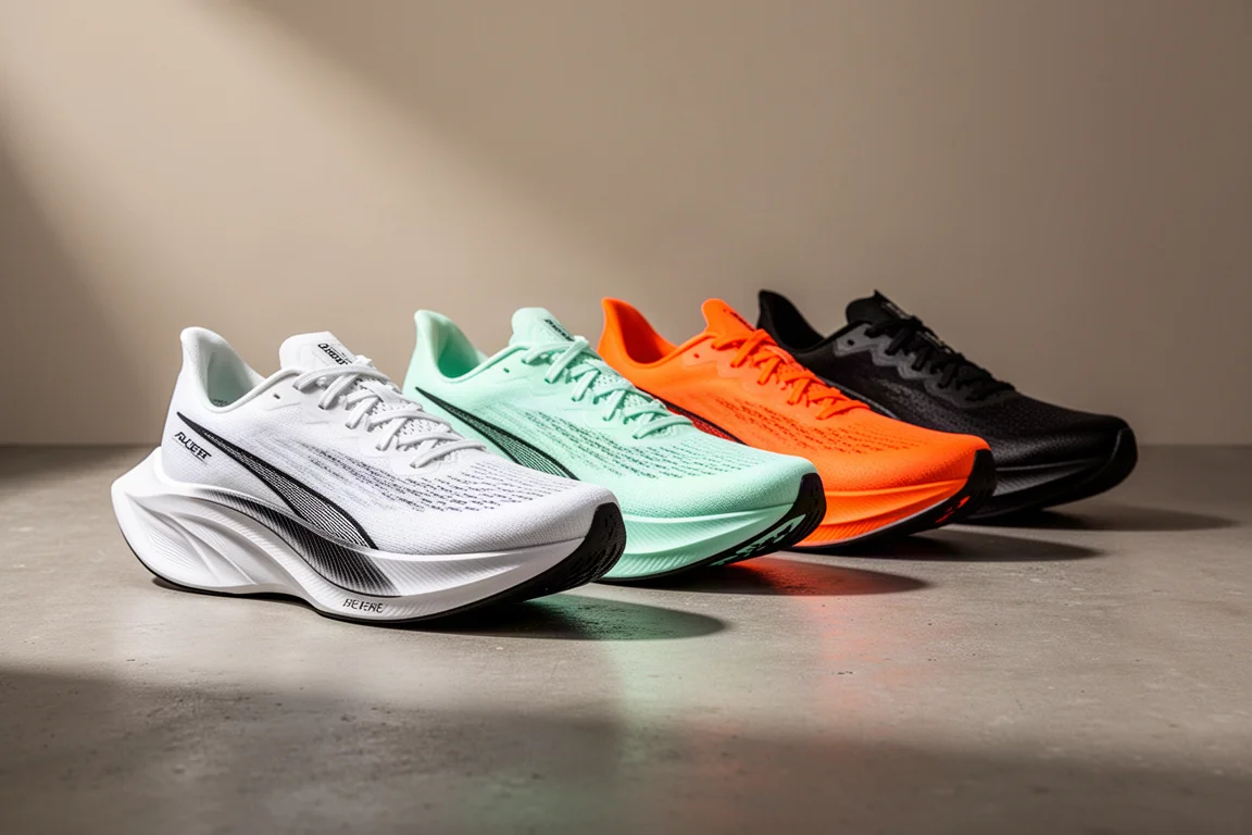 Lineup of modern carbon-plated running shoes on a concrete surface