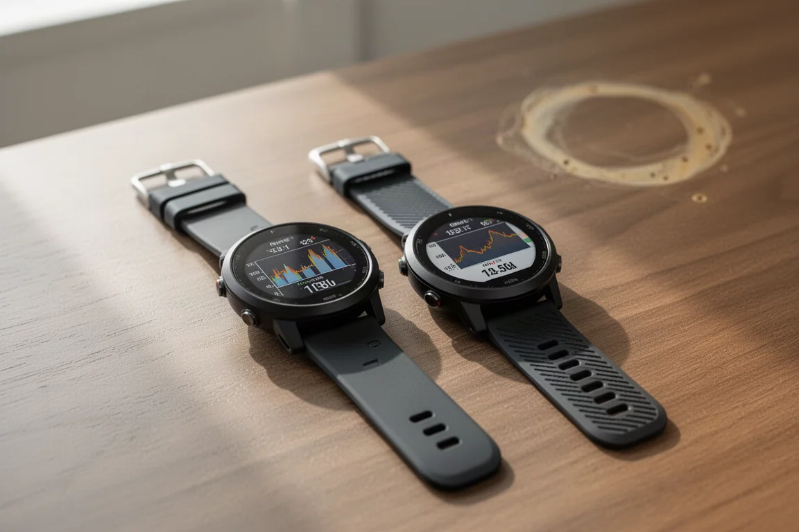 Twee GPS hardloophorloges naast elkaar op een houten tafel na een race