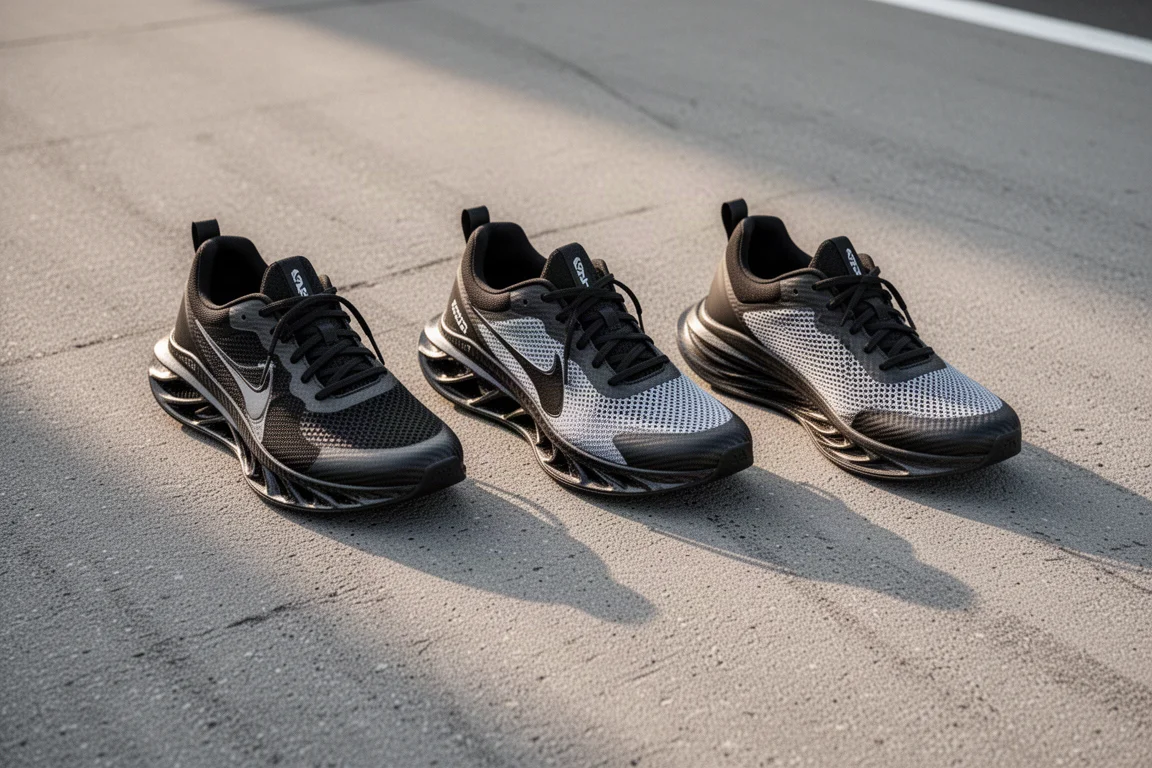 Carbon plate racingschoenen op een rij langs de piste