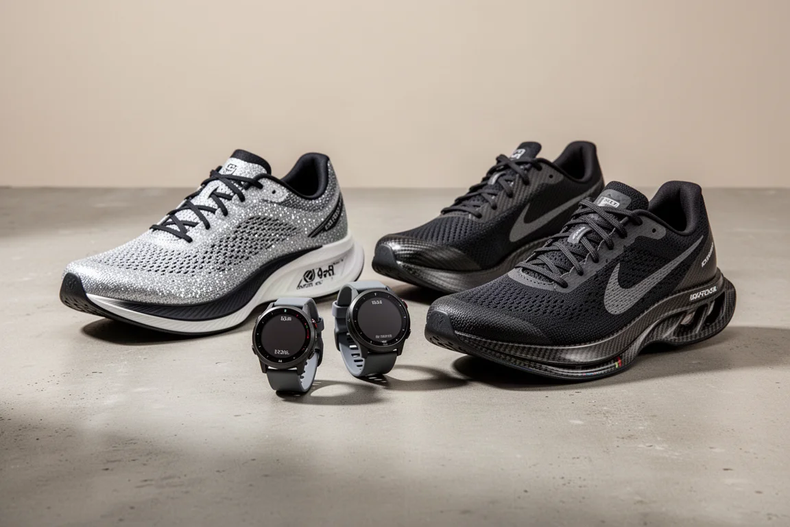 Carbon-Laufschuhe mit Platte und GPS-Laufuhren, auf einer Betonfläche arrangiert