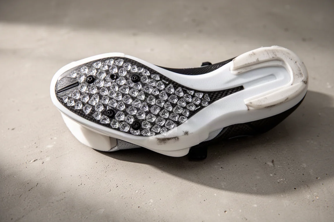 Detalle de la suela exterior y la mediasuela que muestra la banda de rodadura de goma y la espuma expuesta de una zapatilla de competición