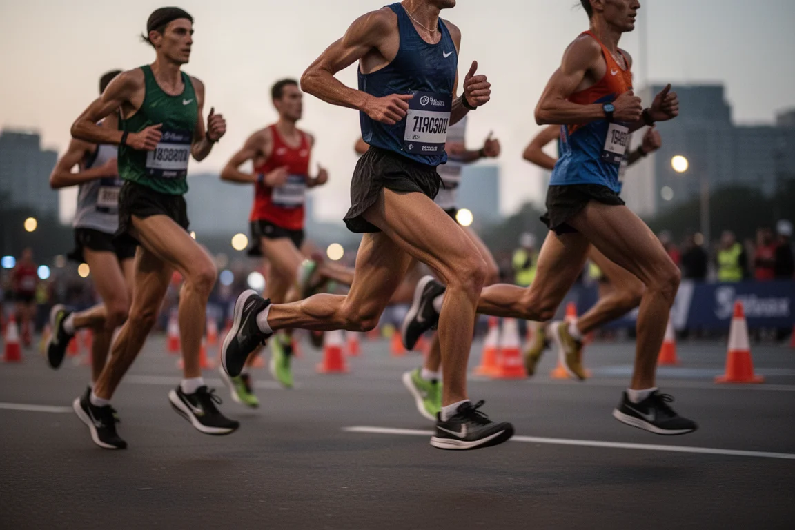 Grupo de corredores compitiendo en un maratón al anochecer