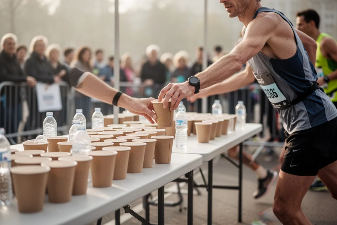 Biegacz przyjmujący płyny na punkcie odżywczym w połowie maratonu